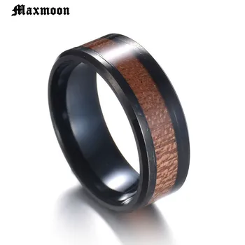 Maxmoon juodas žiedas su tamsiai raudonos spalvos, medienos apdaila, viduje žiedas vyrams unikalus mados dalyvavimas papuošalai