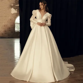 Princesė Šiuolaikinės Satino Vestuvių Suknelės Su Laivapriekio 2023 Long Sleeve V-Kaklo Nuotakos Suknelė Moterims Atvira Nugara Elegantiškas Vestidos De Noiva