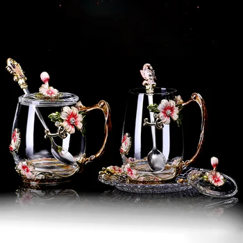 Emalio Drugelis gėlių stiklo Puodelis kavos puodeliai, arbatos puodeliai, atsparus karščiui stiklines vandens namų drinkware Popietę teacup mėgėjams dovana