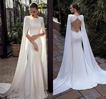Elegantiškas Undinė Vestuvių Suknelės Ilgai Bžūp Rankovėmis Ir Nėrinių Appliques Illusiuon Atgal Paplūdimio Vestuvių Suknelės, Paprastas Baltas Vestido De Novia