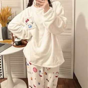Sanrio Hello Kitty Pajama Komplektai Žiemą Šiltas Naują Koralų Vilnos Pižama Moterims Mielas Namų Drabužių Balta Dovana