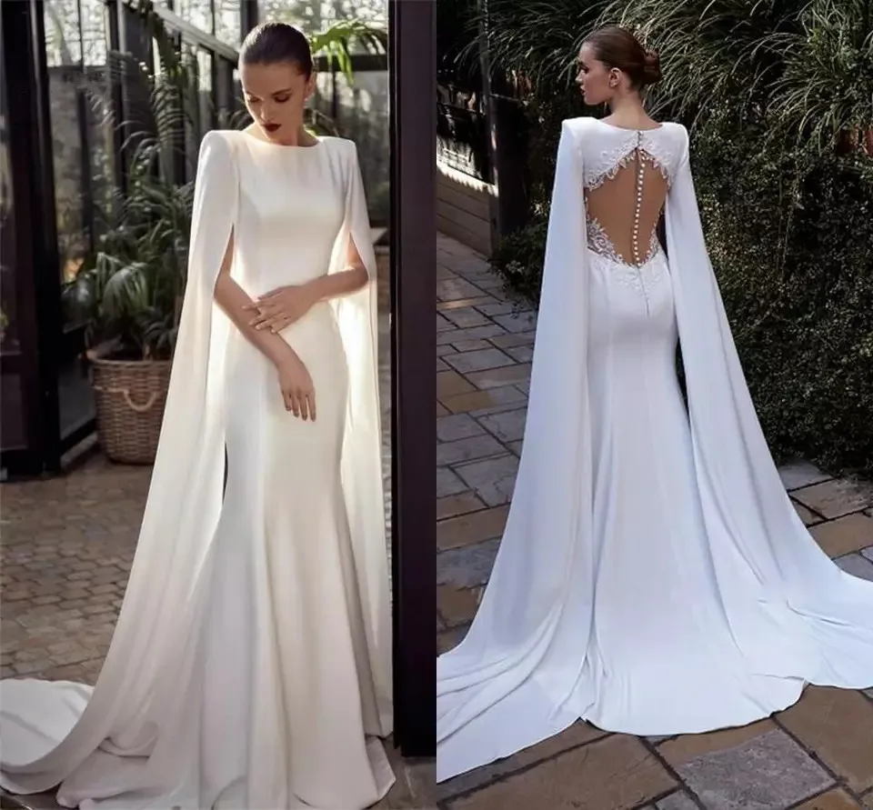 Elegantiškas Undinė Vestuvių Suknelės Ilgai Bžūp Rankovėmis Ir Nėrinių Appliques Illusiuon Atgal Paplūdimio Vestuvių Suknelės, Paprastas Baltas Vestido De Novia Nuotrauka 0