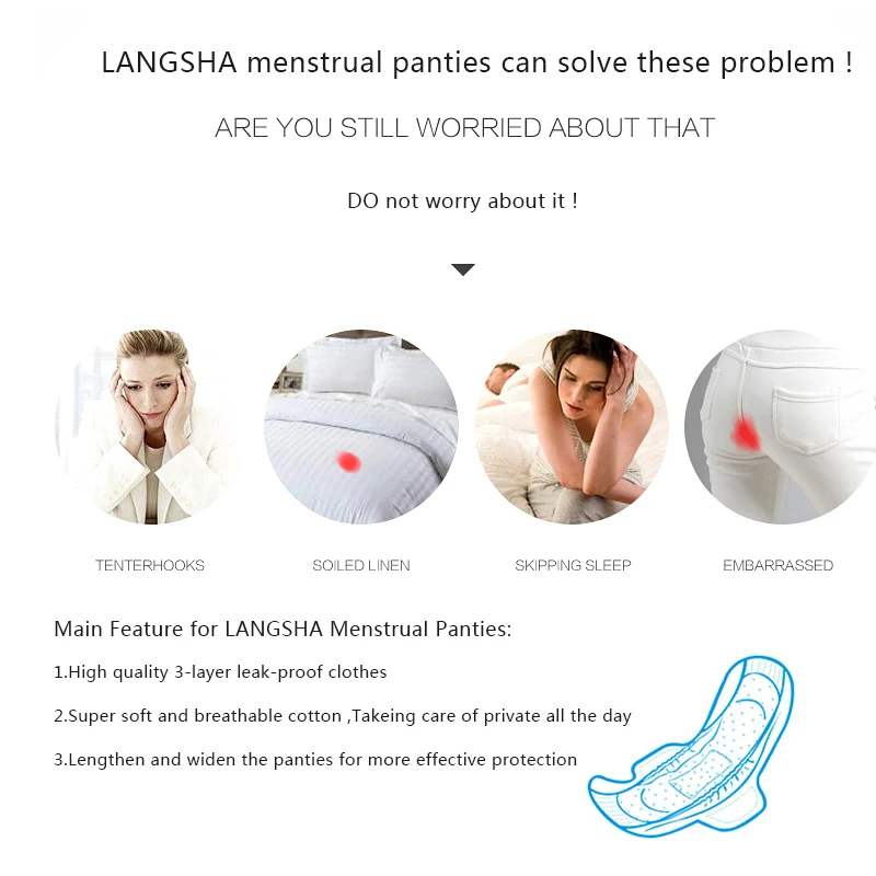 LANGSHA Aukšto Juosmens Nuotėkio Įrodymas, Menstruacijų Kelnaitės Fiziologinių Kelnės Moterims, apatinis trikotažas Laikotarpį Minkštos Medvilnės Vandeniui Kelnės Nuotrauka 2