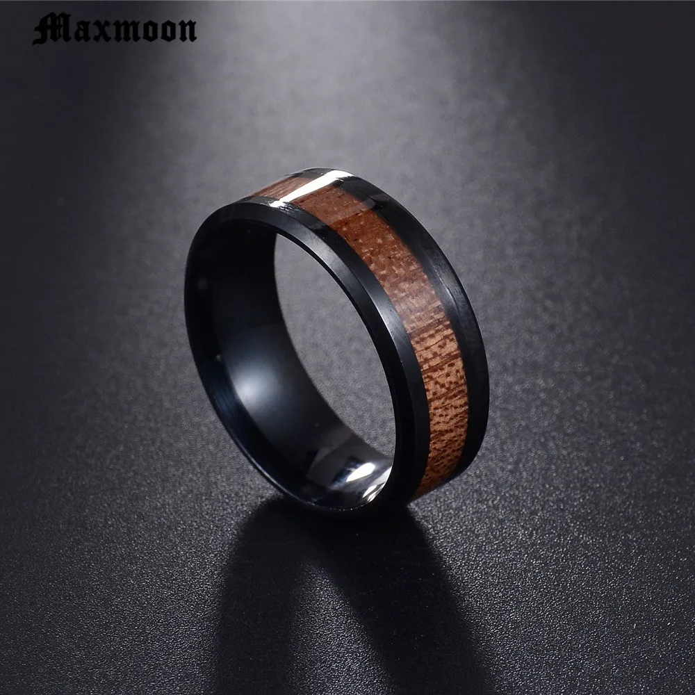 Maxmoon juodas žiedas su tamsiai raudonos spalvos, medienos apdaila, viduje žiedas vyrams unikalus mados dalyvavimas papuošalai Nuotrauka 2